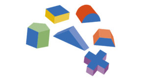 gráfica con fondo blanco en donde aparecen diferentes figuras en 3D (semicirculo, cubo, triangulo, cruz)