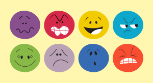 Gráfica de color amarillo con caras de diferentes colores que expresan distintas emociones