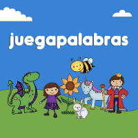 gráfica con ilustraciones de una niña, un príncipe, un dragón, un conejo, una abeja, un caballo y una flor junto al título "juegapalabras"