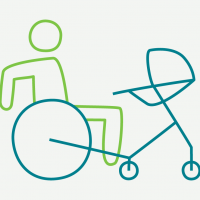 gráfica en la que aparece el ícono de una persona en silla de ruedas con un sistema que le permite anclar un coche de bebé a la silla de ruedas