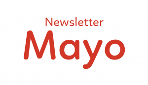 gráfica con fondo de color blanco junto a un texto en colore rojo que dice: Newsletter Mayo