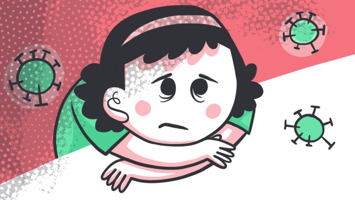 gráfica con fondo de color rosa con una ilustración de una niña apoyada sobre una mesa con una expresión de tristeza rodeada por imágenes de virus